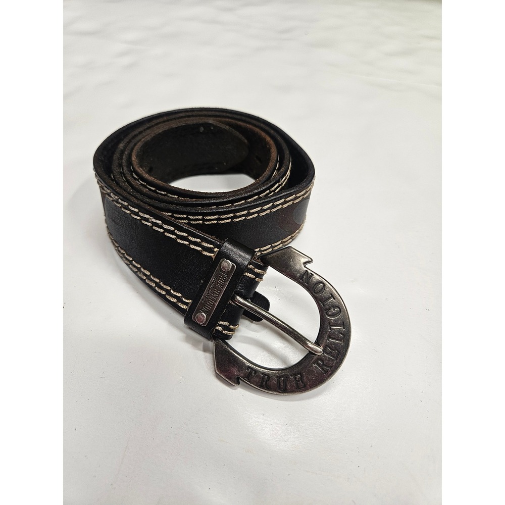 True Religion Black Leather Belt Horseshoe Buckle Contrast Stitch Western 43" L